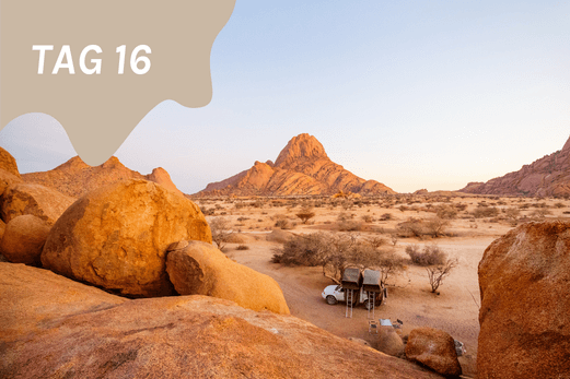 TheEcoHunter Camp & Hunt Tag 16 Rundreise mit Camping Safari in Spitzkoppe Campingzelt im Sonnenuntergang
