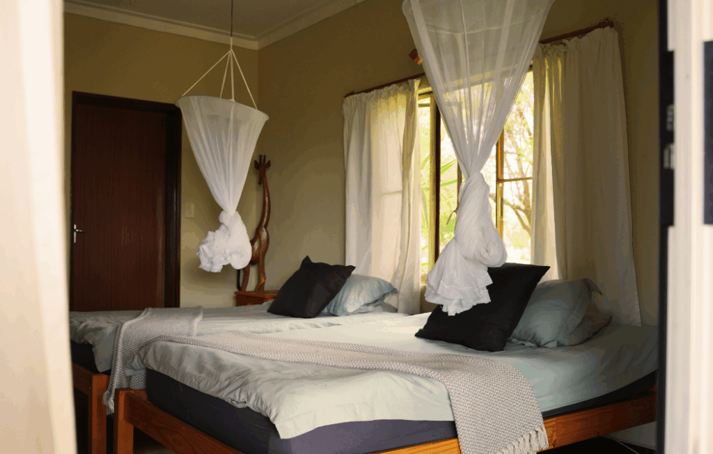 Gemütliches Gästezimmer mit Moskitonetzen – Jagdfarm Otjimbuku Hochfeld Namibia