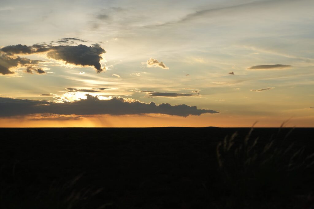Spektakulärer Sonnenuntergang über der weiten Buschlandschaft Namibias – stimmungsvolles Safari-Erlebnis.