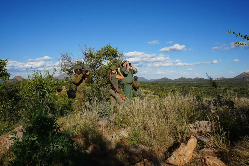 Safari-Team auf der Jagdfarm Krumneck in Namibia beim Fährtenlesen im Buschland mit Ferngläsern.
