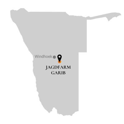 Karte von Namibia mit markierter Lage der Jagdfarm Garib südlich von Windhoek.