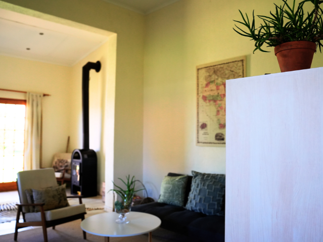 Wohnzimmer mit Holzofen, Sofa und stilvollen Pflanzen in Namibia.