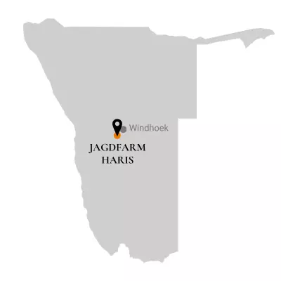 Map of Namibia showing the location of Haris hunting farm near Windhoek