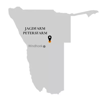 Map of Namibia showing the location of Petersfarm hunting farm